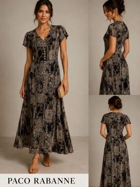 Paco Rabanne Black and Taupe Patterned Maxi Dress